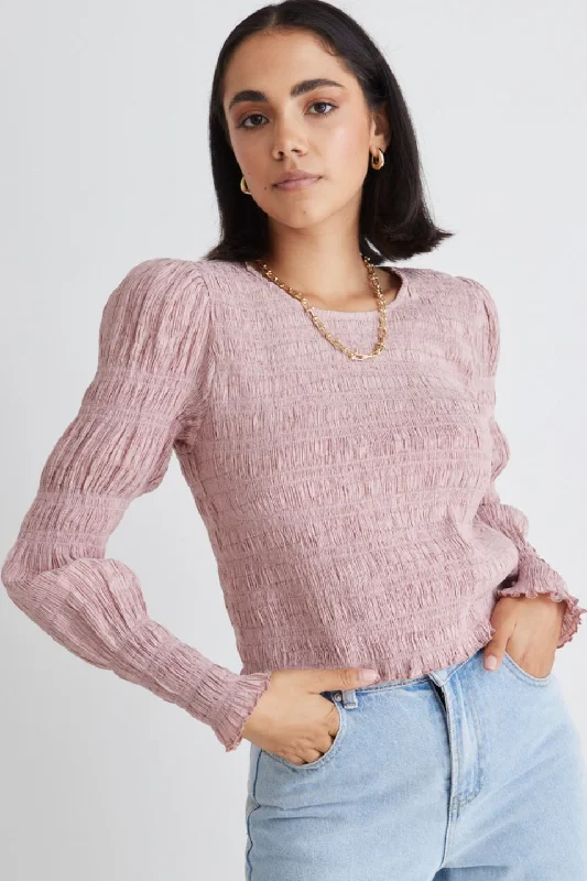 Timeless Elegance Redefined Dani Blush Rose Shirred LS Top