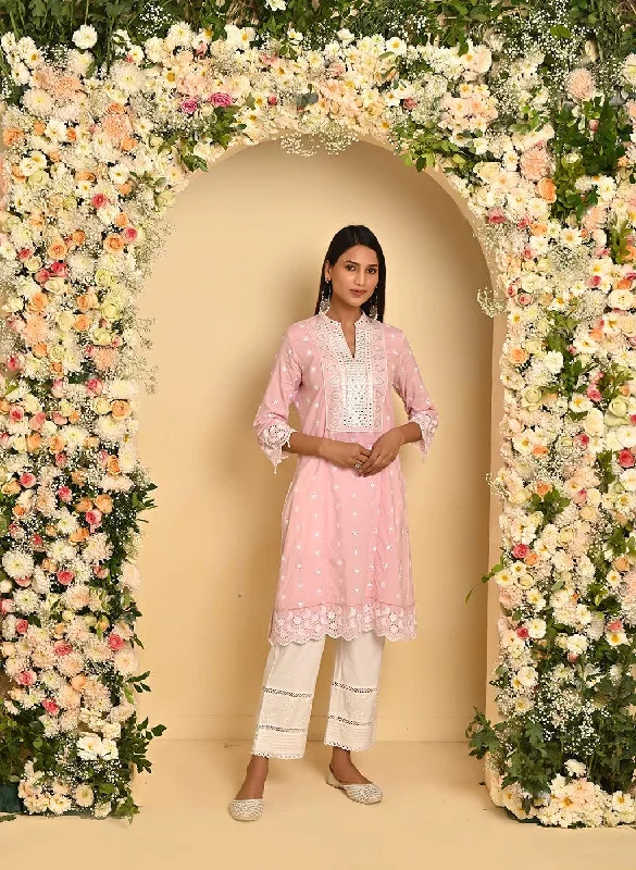 Exclusive Sale Pink Schiffli Embroidery Kurta with Mirror Work