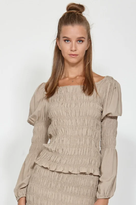 Flash Sale Gather Rouched Long Puff Sleeve Sand Top