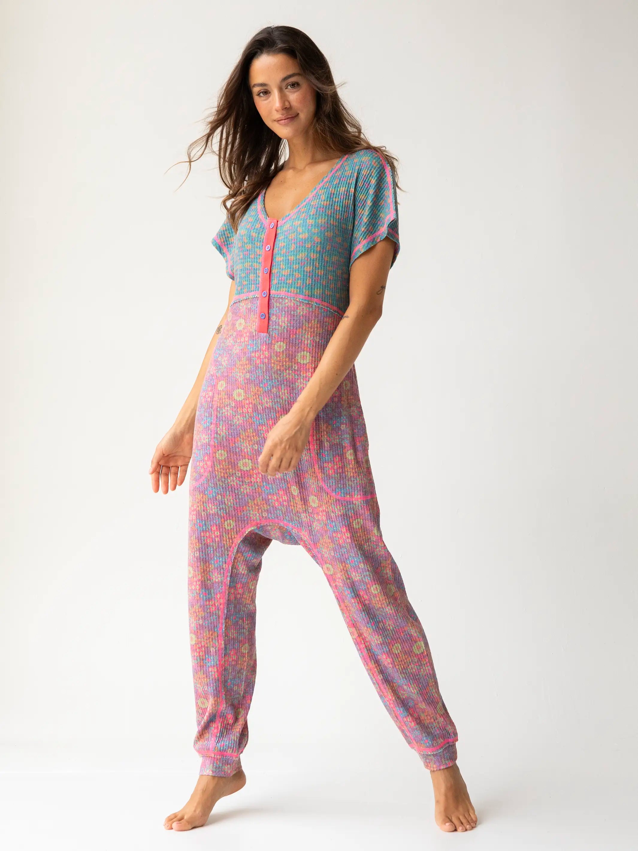 Premium Style Offers Mix & Match Waffle Jumpsuit - Turquoise Hot Purple Mixed Floral