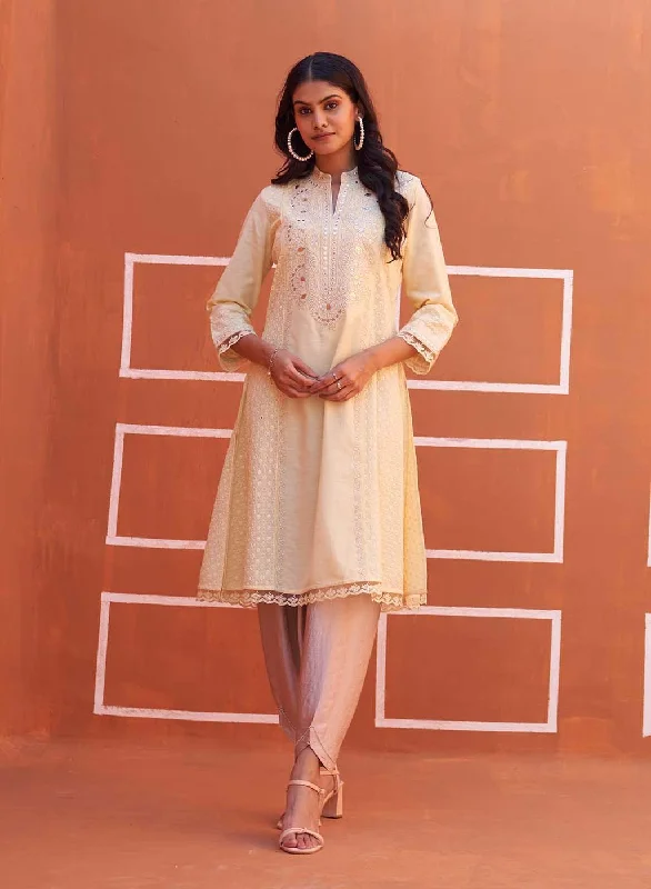 Premium Style Lemon Yellow Mirror Work Schiffli Kurta