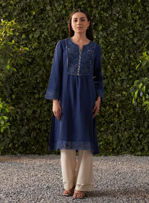 Elevated Casual Discounts Grace Navy Blue Embroidered Cotton Gauze Kurta for Women