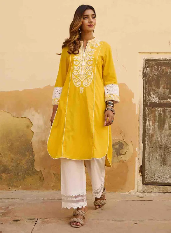 Luxury Casual Deals Yellow Embroidered Kurta with Asymmetric Hem and Schiffili Detailing on the Sleeves