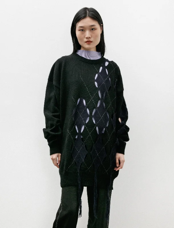 Trend Forward Threads Irregular Argyle Oversized Knit Black