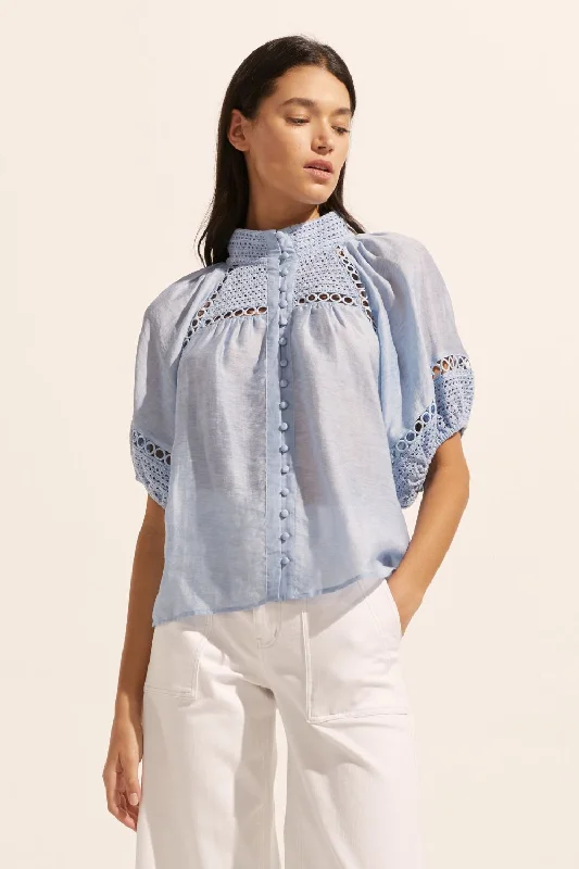 Luxury Fashion Roam Sky Blue Embroided SS Top