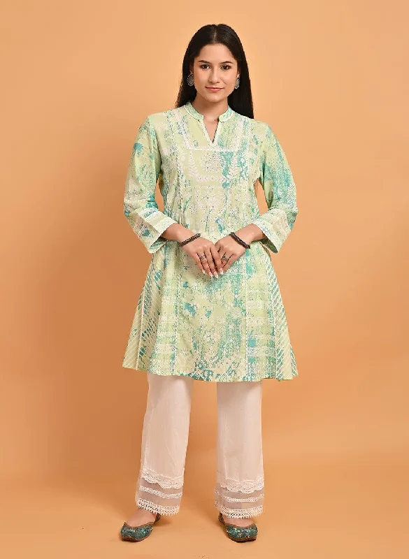 Limited Styles Green Printed Short Kurti for Women with Lace Detailing