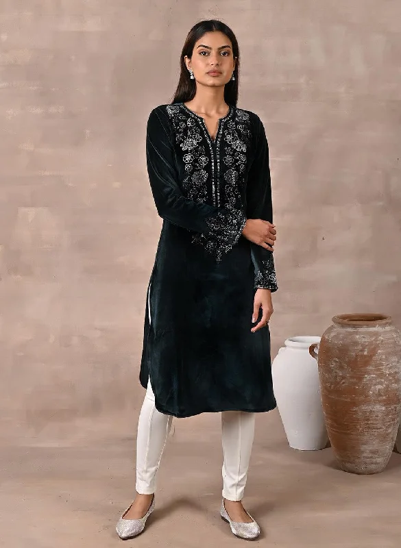 Urban Style Promotions Green Velvet Kurta with Fine Mirror Beads Work