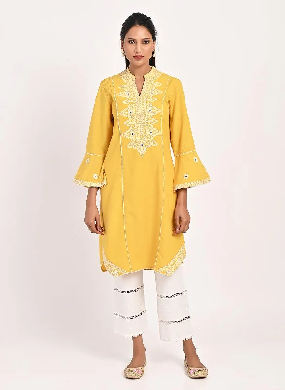 Limited-Time Offer Yellow Mid-length Cotton Kurti for Women with Embroidery