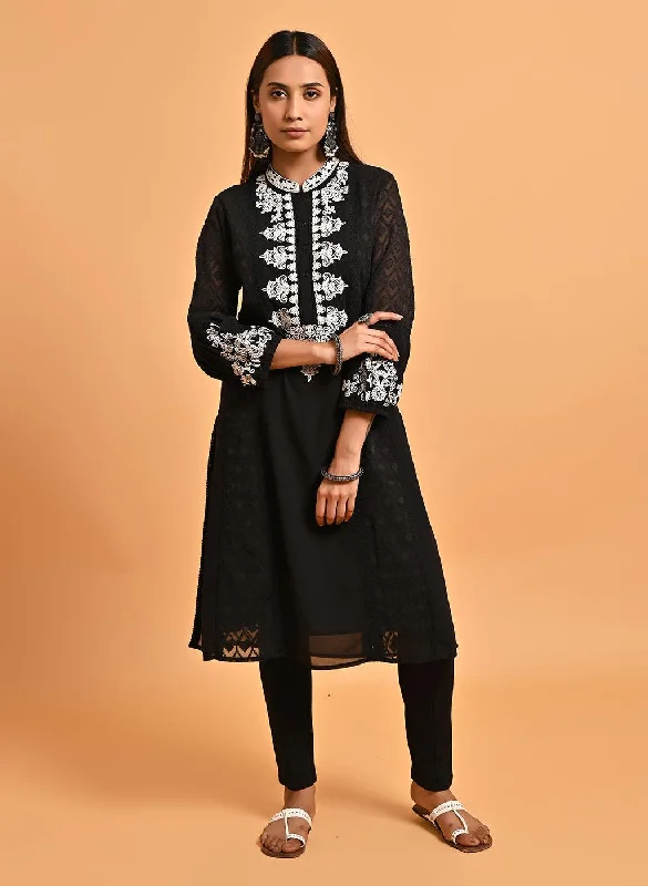 Sophisticated Fashion Black Long Kurta with Embroidery and Flared Sleeves