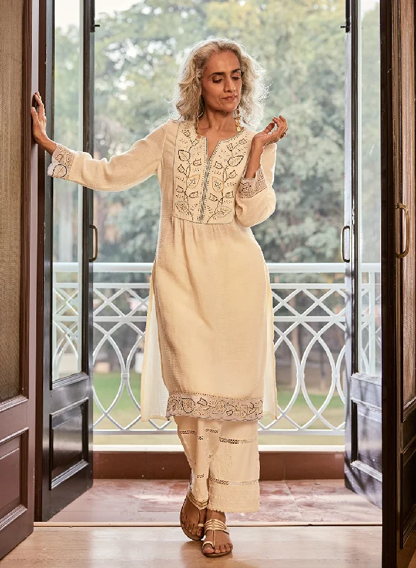 Relaxed Style Deals Grace Ivory Embroidered Cotton Gauze Kurta for Women