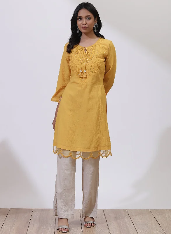 Flirty Fashion Discounts Mustard A-Line Kurta with Delicate Embroidery