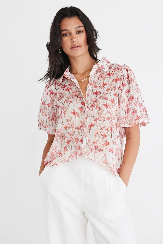 Crazy Discounts, Hurry Up Rested Red Lillies Bubble Sleeve Shirt