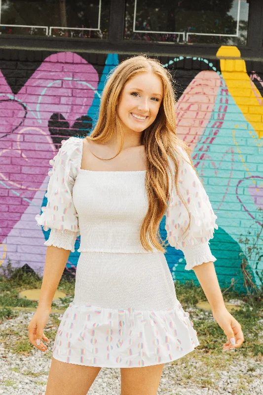 Style Upgrade White Smocked Rainbow Sequin Pailette Top