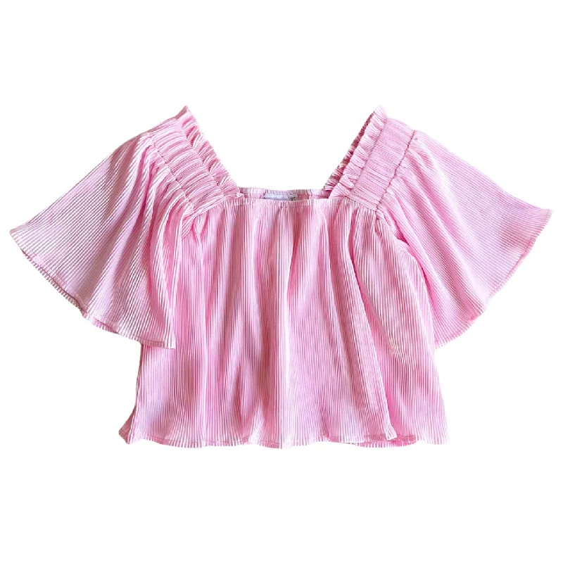 Modern Fashion Sale Pale Pink Pleat Flutter Top