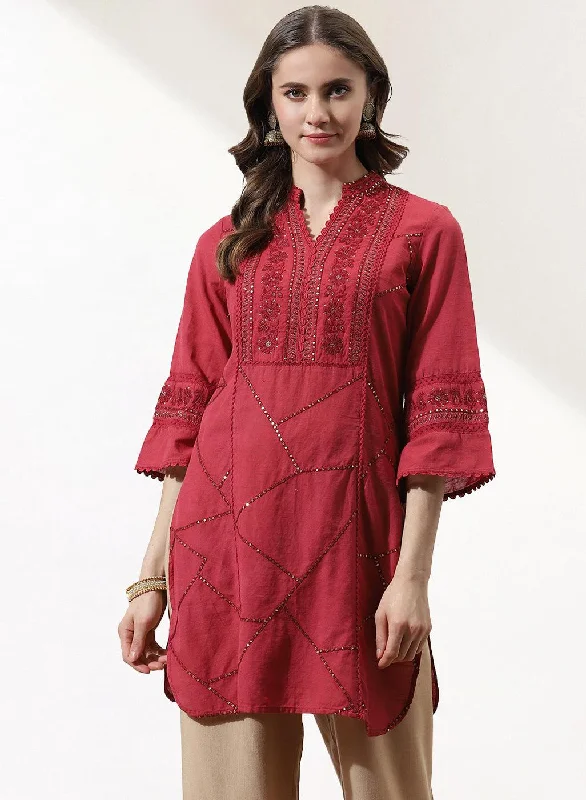 High-End Style Discounts Red Kurti With Delicate Embroidery