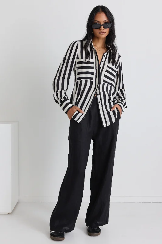 The Latest Trends Solidify Black White Stripe Puff Sleeve LS Shirt