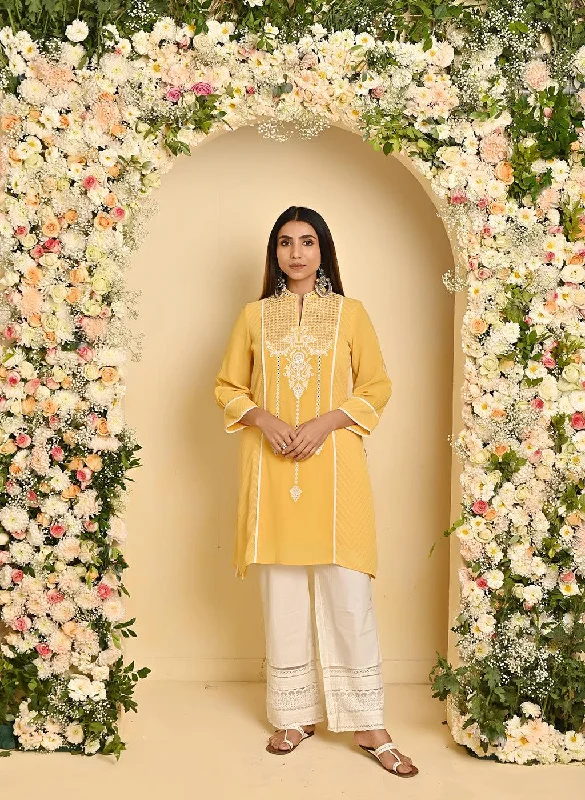 Summer Fashion Yellow Embroidered Kurta with Asymmetrical Hemline and Mandarin Collar