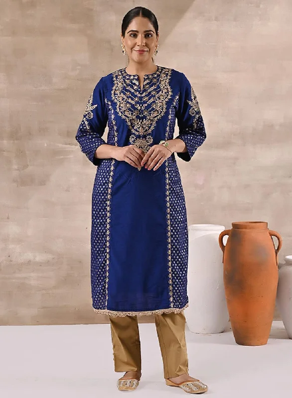 Contemporary Fashion Sale Blue Printed Kurta With Embroidery