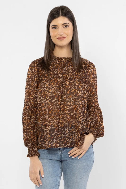 On-Trend Fashion Offers Dancing Bronze Floral Shirred LS Top