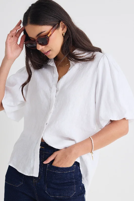 Premium Fashion Rested White Linen Bubble Sleeve Shirt