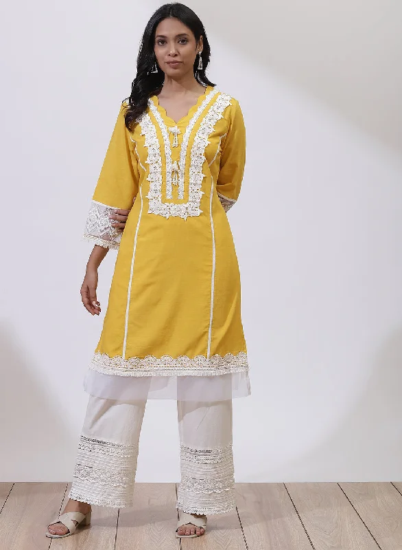 Exclusive Designer Style Deals Daisy Yellow Alora Collection Kurta With Lace Detail