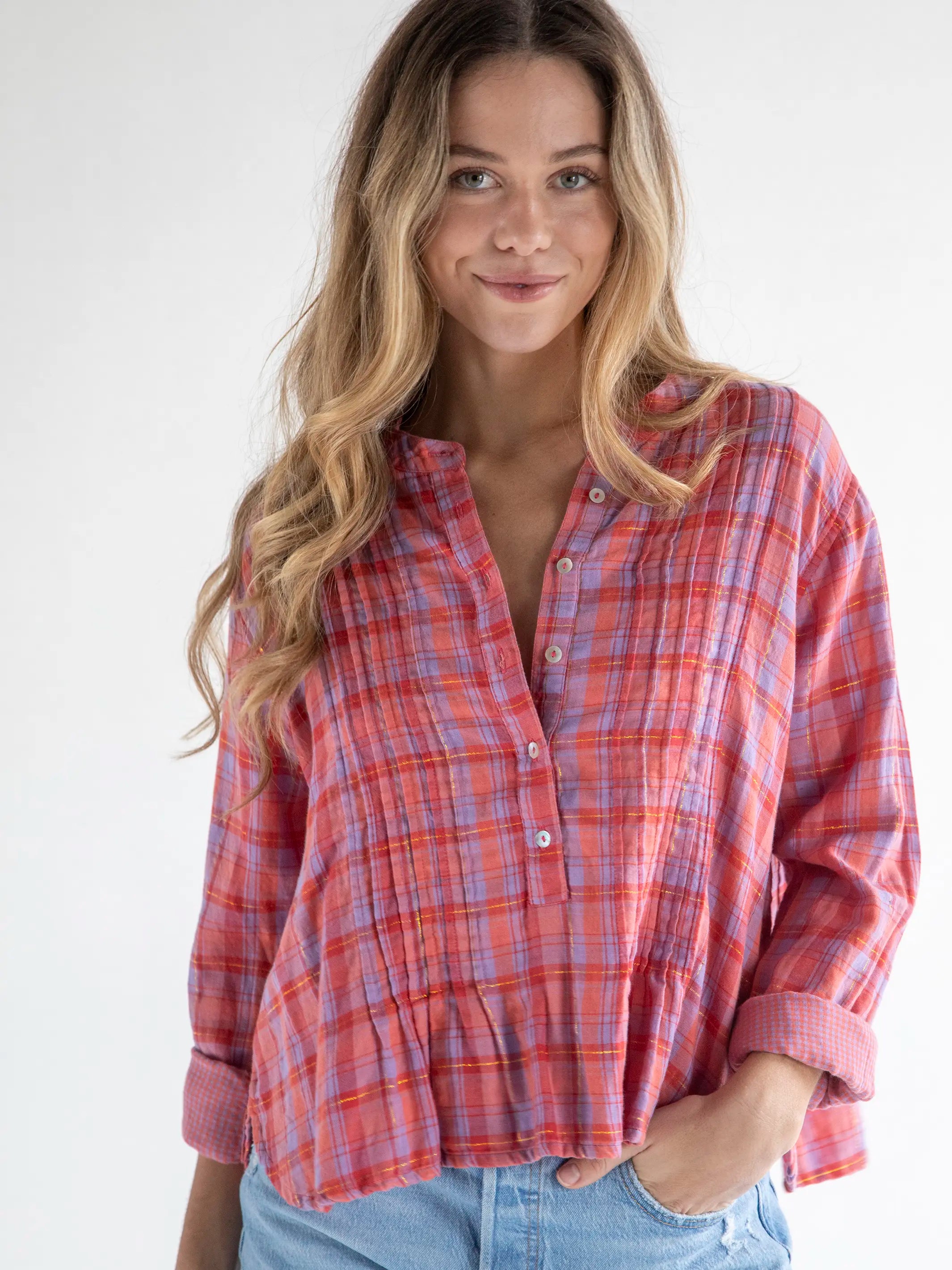 Flash Sale Fever Montana Top - Gauze Pink Lavender Plaid