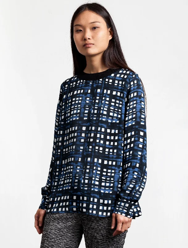 Urban Style Promotions Crewneck Top Navy Plaid