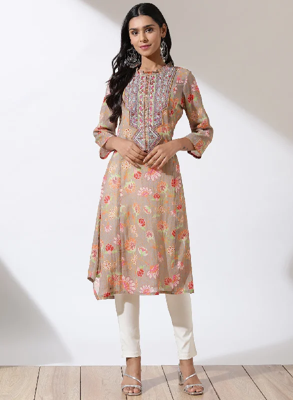 Cozy Chic Promotions Grey Dhaage Collection Printed Kurta With Embroidery