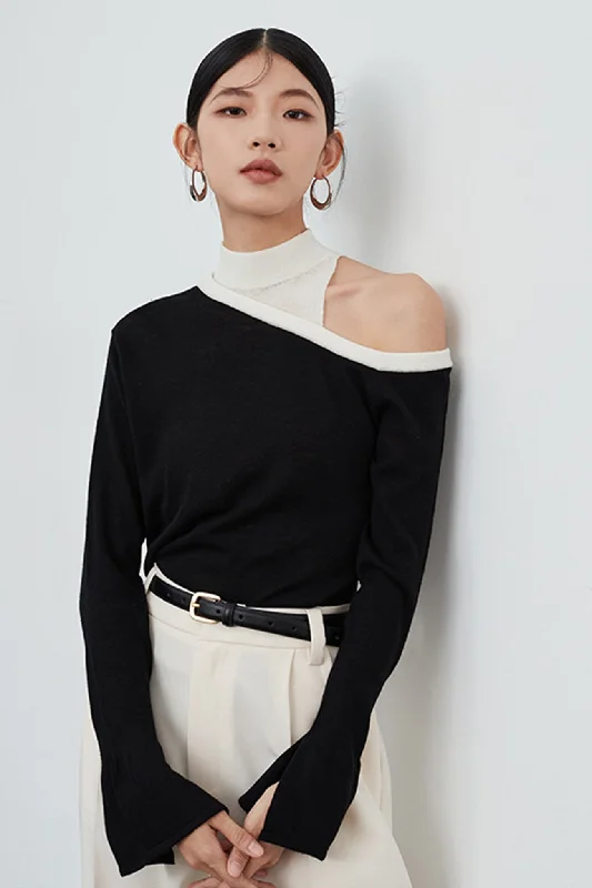 Fast Fashion Favorites One Shoulder Flare Sleeve Patchwork Tops