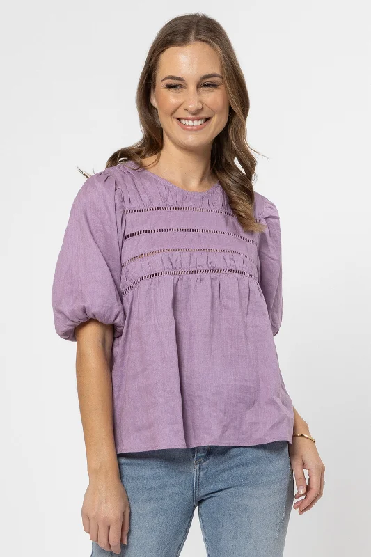 Modern Fashion Sale Desire Lilac Linen Lace Trim Bubble SS Top