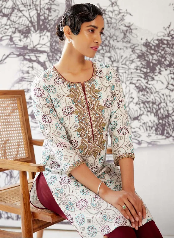 Modern Fashion Sale Off-white Embroidered Bandhani Print Kurti