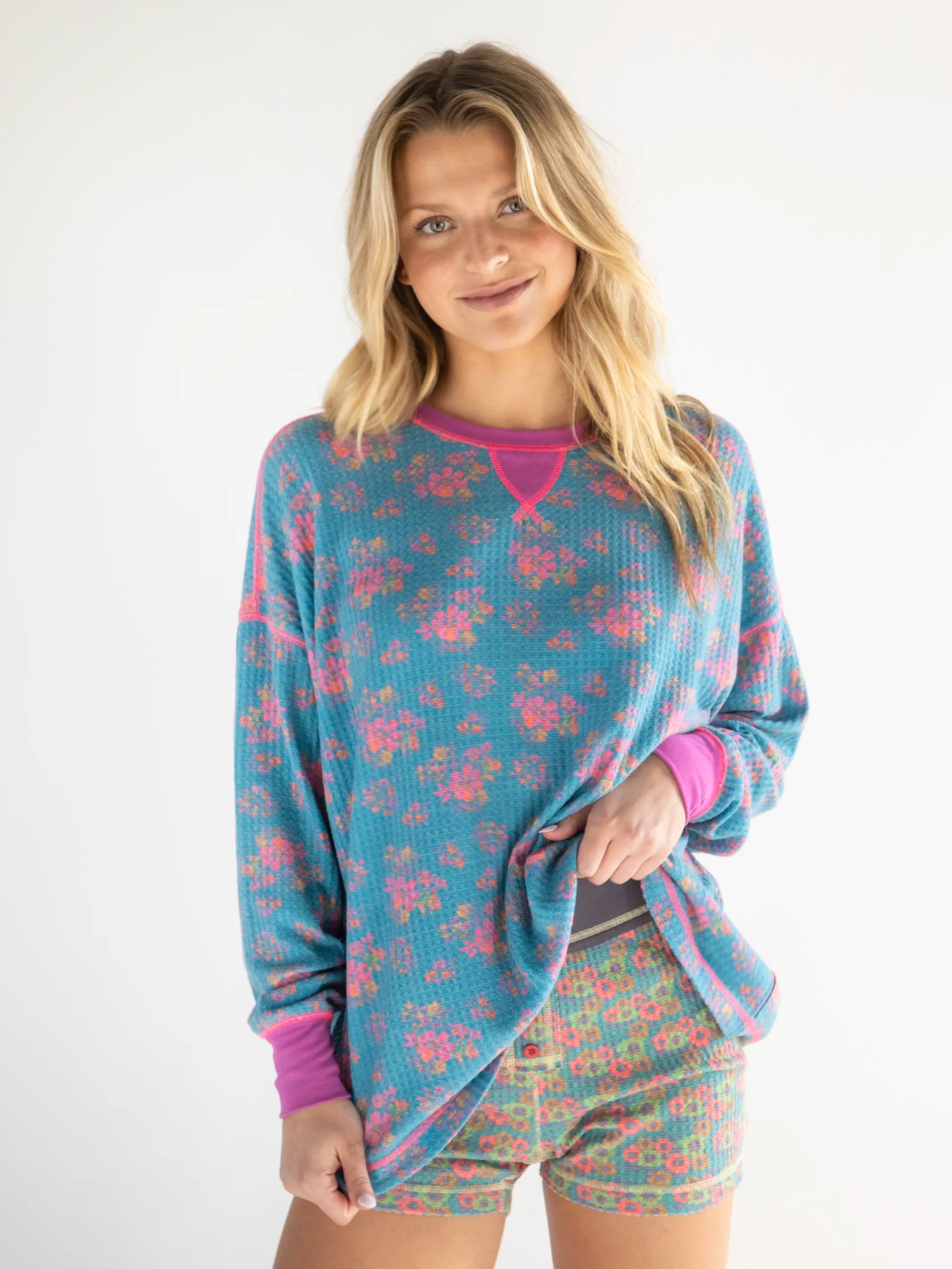 Chic & Modern Sales Mix & Match Waffle Pajama Top - Turquoise Pink Mustard Floral