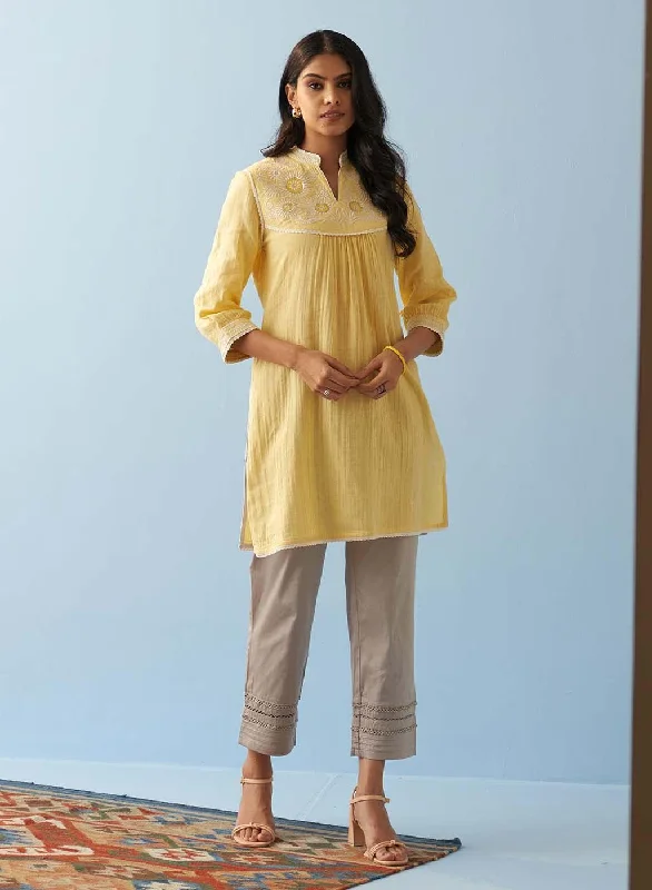 Huge Discounts This Week Yellow Embroidered Thigh Length Crinkled Kurti