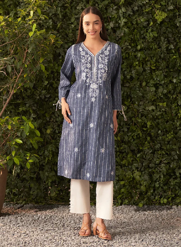 Flash Sale Fever Shaina Blue Chambray Embroidered Chambray Kurta for Women