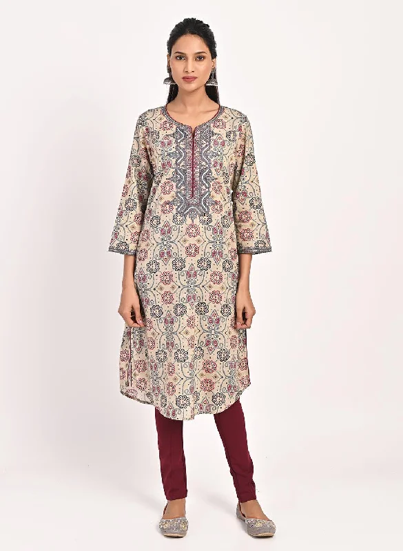 Sophisticated Style Offers Beige Embroidered Bandhani Print Kurti