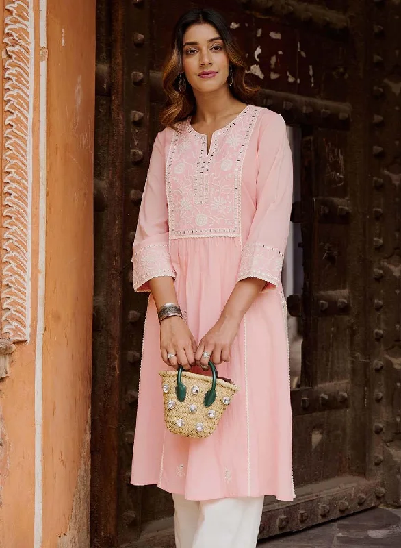 Stay Ahead In Style Pink A Line Embroidered Kurta with 3/4th Sleeves