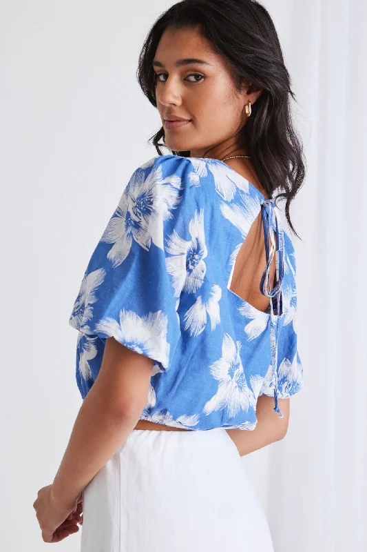 Elevated Casual Discounts Feeling Blue Hibiscus Cutout Back Top