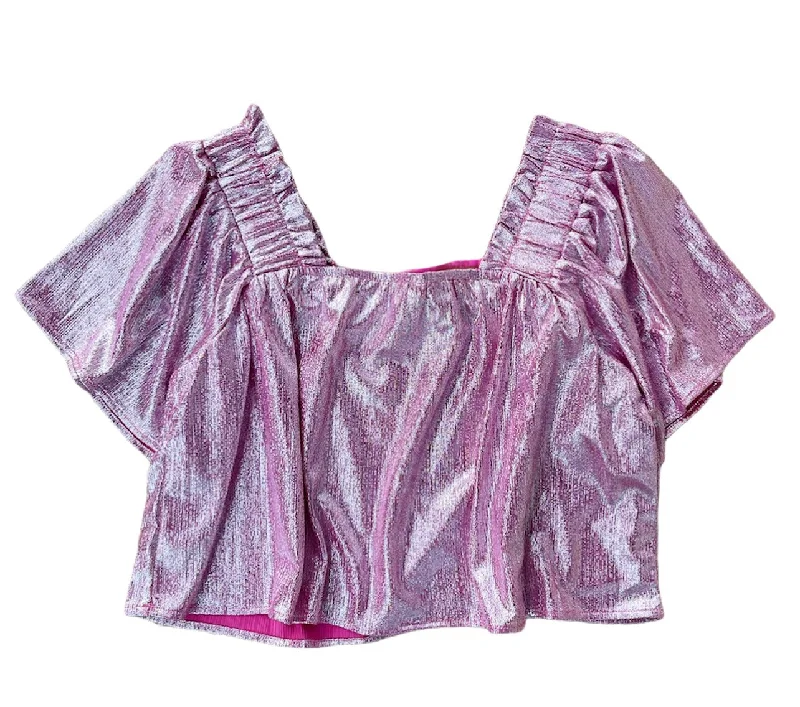 Romantic Fashion Discounts Pink Silver Pebble Flutter Top