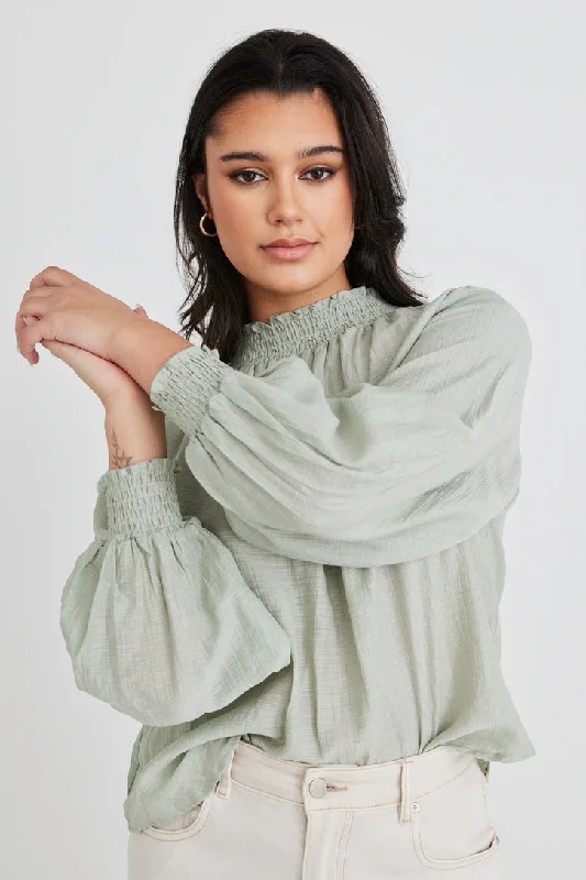 Comfort Meets Fashion Embrace Sage Crinkle LS High Neck Shirred Puff Sleeve Top