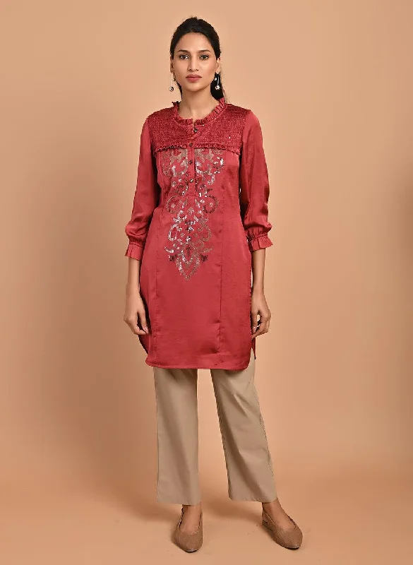 Fashion Forward Red Satin Kurti with Sequin Work and Puff Sleeves