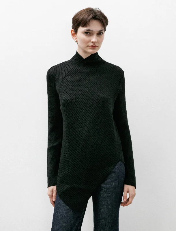 Flash Sale Now Asymmetrical Rib Knit Mockneck Black