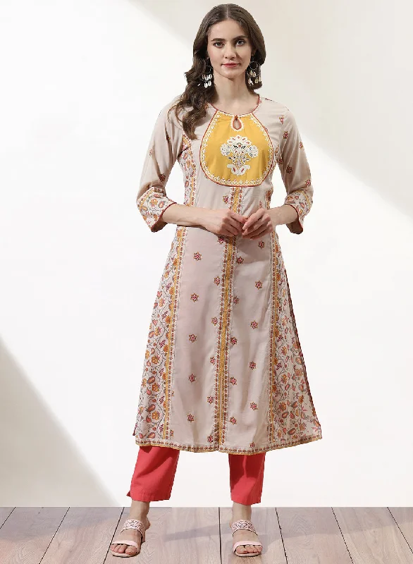 Best-Sellers Beige Dhaage Collection Embroidered Kurta With Tassel Detailing