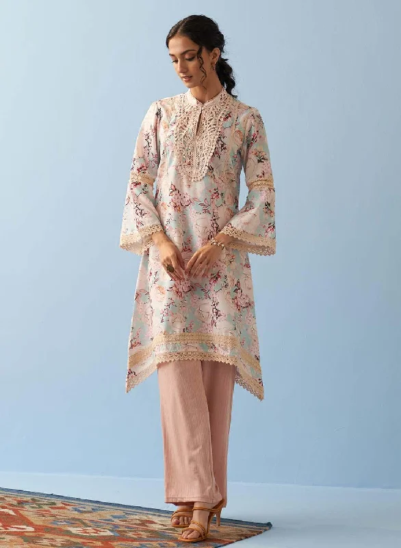 Clearance Event Spa Blue Floral Printed Loose Fit Kurta with Lace Inserts