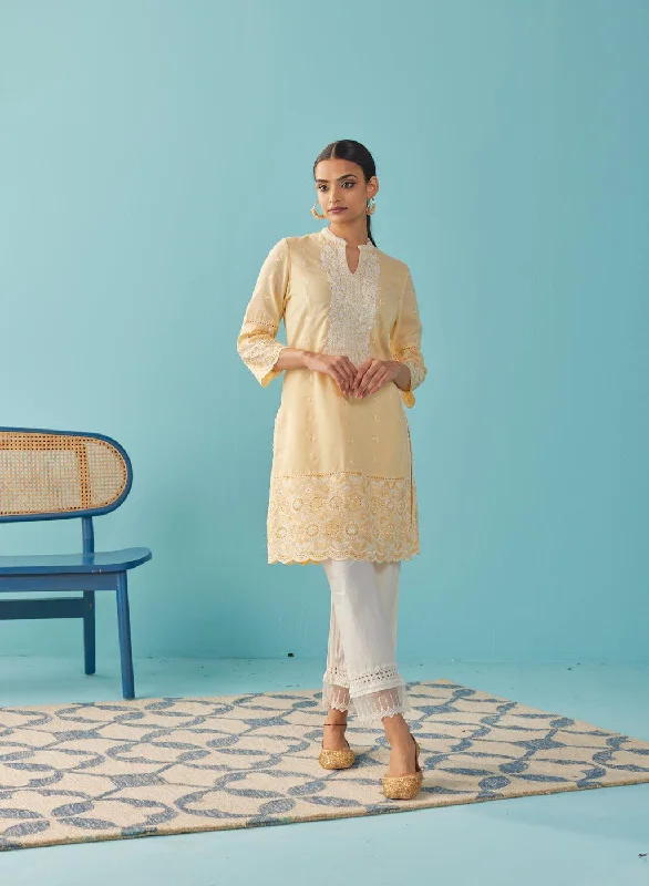 Winter Warehouse Sale Lemon Yellow Knee Length Kurti with Embroidered Sleeve