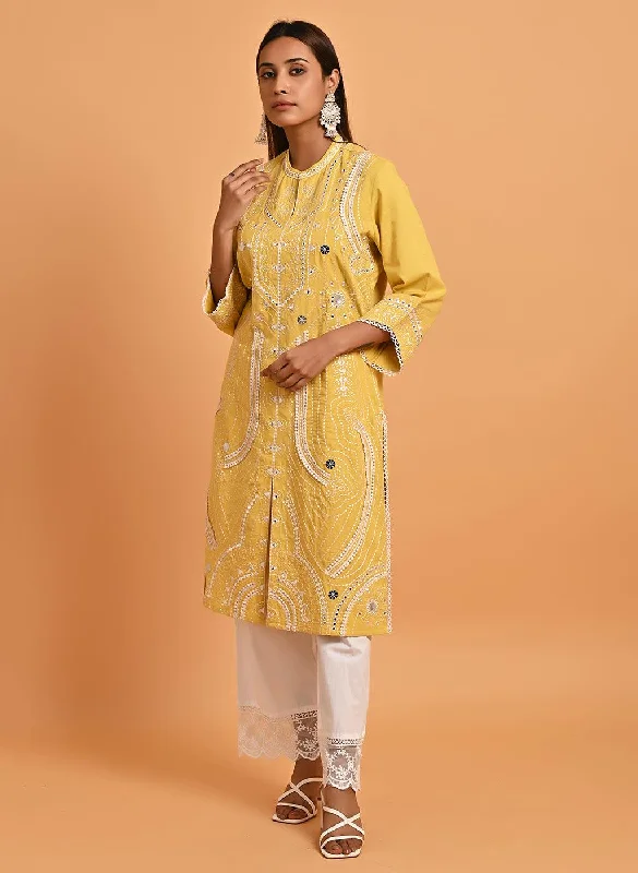 Unleash Your Fashion Yellow Straight Embroidered Kurta with 3/4th Sleeves