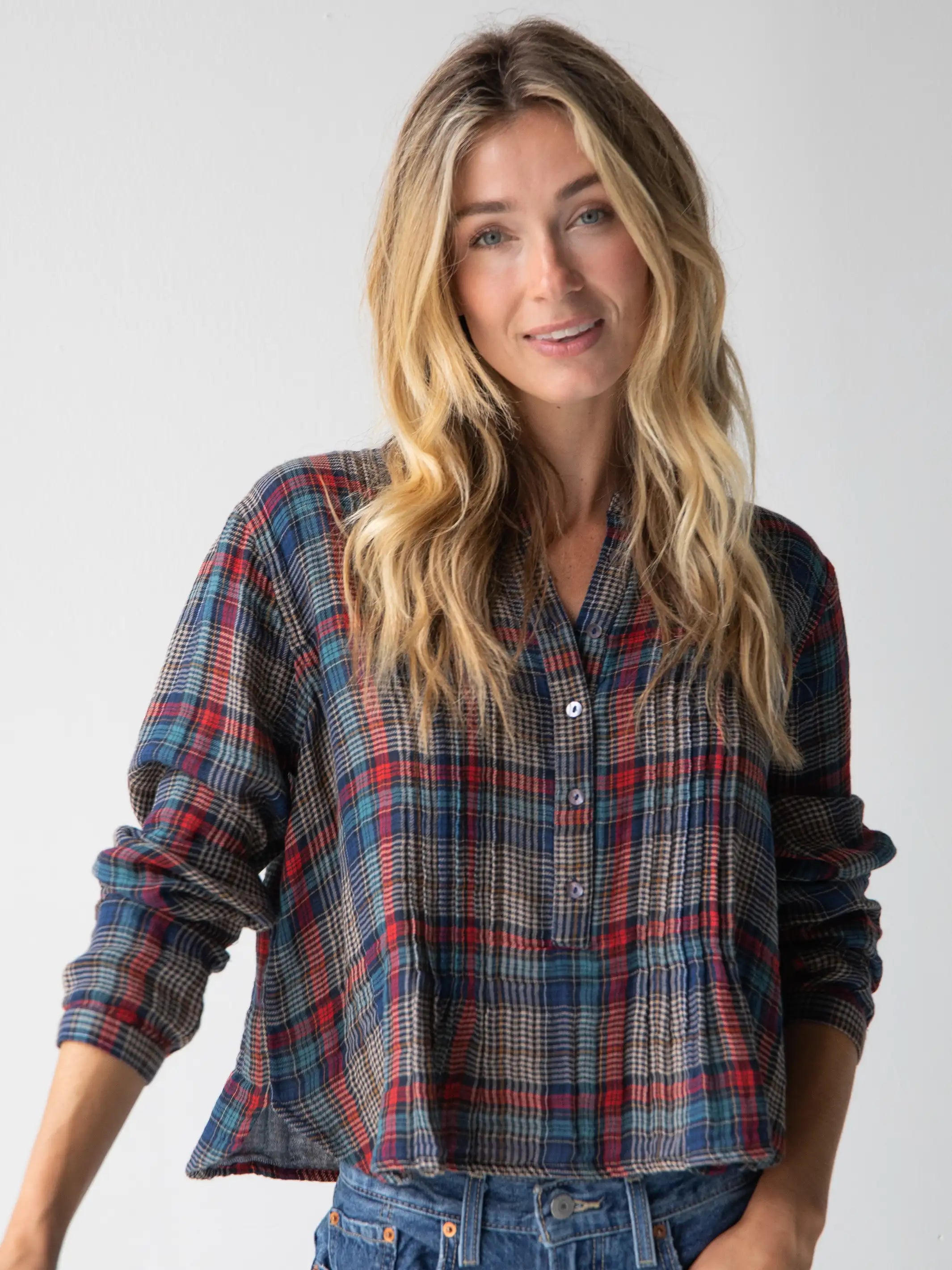 Style Without Limits Montana Top - Navy Red Plaid Gauze