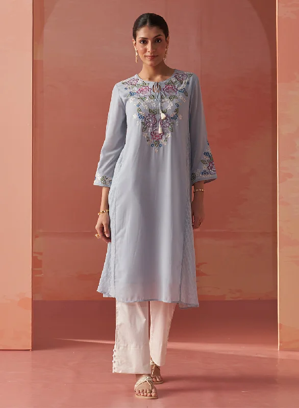 Fresh Styles, Fresh Deals Firdaus Blue Mist Embroidered Georgette Designer Long Kurta for Women