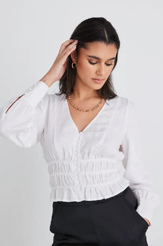 Fashionable Comfort Promotions Fabled White Linen LS Shirred Waist Top