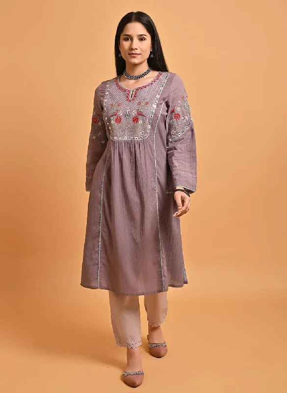 Day-To-Night Styles Light Purple Embroidered A-Line Long Kurta