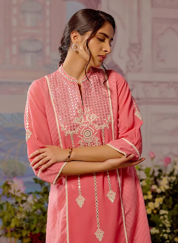 Evening Elegance Pink Embroidered Kurta with Asymmetrical Hemline and Mandarin Collar